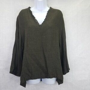 CP Shades Blouse Womens L Linen Dark Green Lace Trim Coastal Fairy Boho Designer